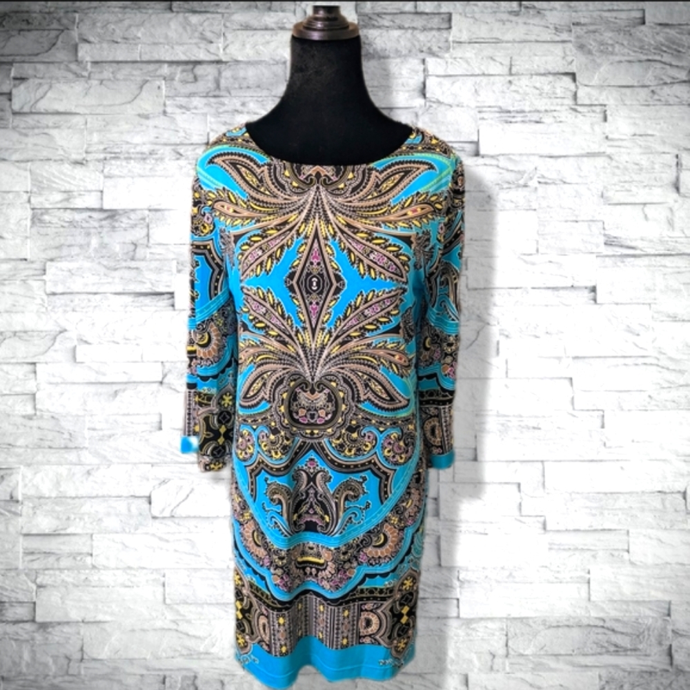 Teal Turquoise Stretch Mini Dress 3/4 Sleeves Boat Neck Flattering Fit D10
